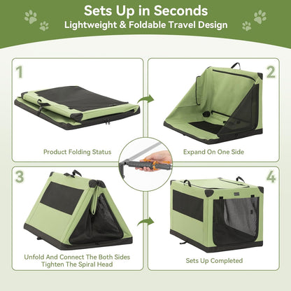 Soft Dog Crate, Dog Travel Crate - 36 Inch Lightweight, Easy Setup, Sturdy Portable Dog Crate, Adjustable Framework with 3 Mesh Door, Soft Sided Collapsible Dog Kennel Green