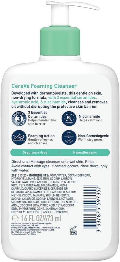 Foaming Cleanser Gel Face Wash 473Ml, for Normal to Oily Skin, Removes Oil without Disrupting the Protective Skin Barrier, for Face & Body, Niacinamide + Ceramides, Fragrance Free, Oil Control