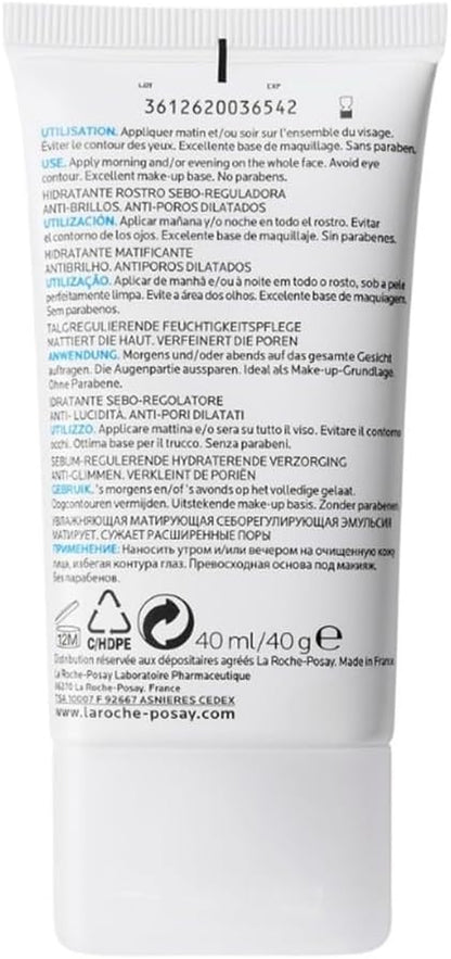 La Roche-Posay Anti-Acne Moisturiser, Anti-Shine, Anti-Enlarged Pores, Sebo-Controling Moisturiser, Effaclar Mat, 40Ml