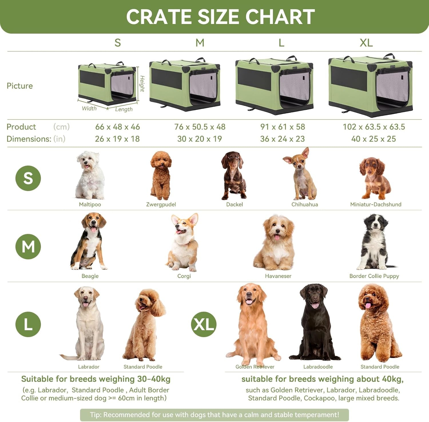 Soft Dog Crate, Dog Travel Crate - 36 Inch Lightweight, Easy Setup, Sturdy Portable Dog Crate, Adjustable Framework with 3 Mesh Door, Soft Sided Collapsible Dog Kennel Green